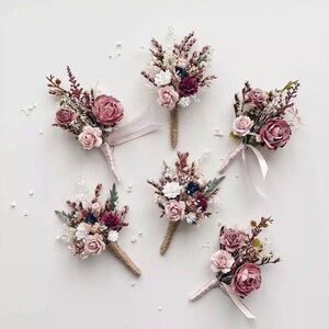 Dusky Pinks, White, Rose Wedding Buttonhole, Natural Grasses, Dried Gypsophila, Pink Heathers, Dried Flowers