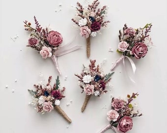 Dusky Pinks, White, Rose Wedding Buttonhole, Natural Grasses, Dried Gypsophila, Pink Heathers, Dried Flowers