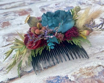 Teal, Burgundy, Winter, Pampas Grass, Grasses, Neutral, Wedding Hair Comb, Rustic (Dried, Silk Flowers) Bespoke, made-to-order, *Any Colour*