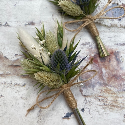 Dried Blue Scottish Thistle Boutonniere, Rustic Wedding Buttonhole, Thistle, Natural Grasses, Bunny Tails