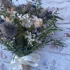 Wedding Bride Bouquet, Rustic (Dried, Silk Flowers), Ivory, White, Scottish Thistle, Blue, Lavender (can do any colour)