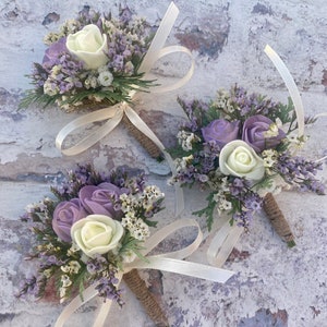 Purple, Lavender, Ivory, White, Wedding Buttonhole, Rustic (Dried, Silk Flowers) Bespoke, made-to-order, Corsage