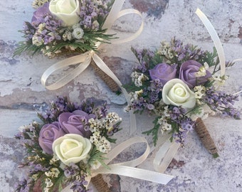 Purple, Lavender, Ivory, White, Wedding Buttonhole, Rustic (Dried, Silk Flowers) Bespoke, made-to-order, Corsage