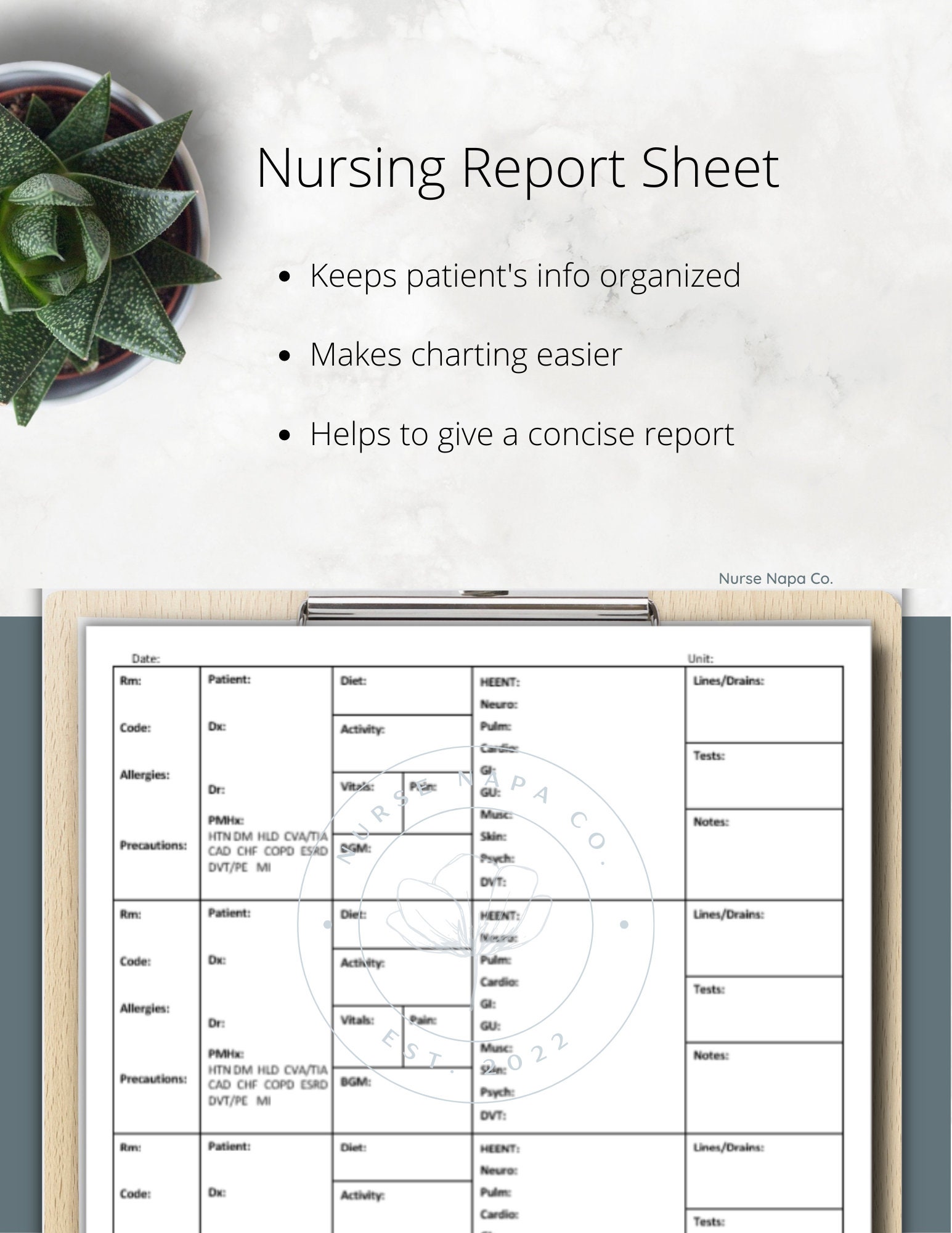 4 Patient Nursing Report Sheet, Multiple Patient Report Sheet, Shift
