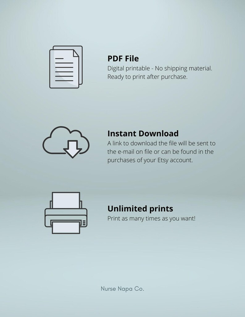 Puede incluir: Ilustraci&oacute;n de un archivo PDF, una nube con una flecha de descarga y una impresora. El texto dice "PDF File", "Digital printable - No shipping material. Ready to print after purchase.", "Instant Download", "A link to download the file will be sent to the e-mail on file or can be found in the purchases of your Etsy account.", "Unlimited prints", "Print as many times as you want!" and "Nurse Napa Co."