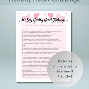 Puede incluir: Una lista de verificaci&oacute;n imprimible de 30 d&iacute;as para un coraz&oacute;n sano en rosa y blanco con un gr&aacute;fico de coraz&oacute;n rosa y el texto "&iexcl;Incluye m&aacute;s formas de vivir un coraz&oacute;n sano!"
