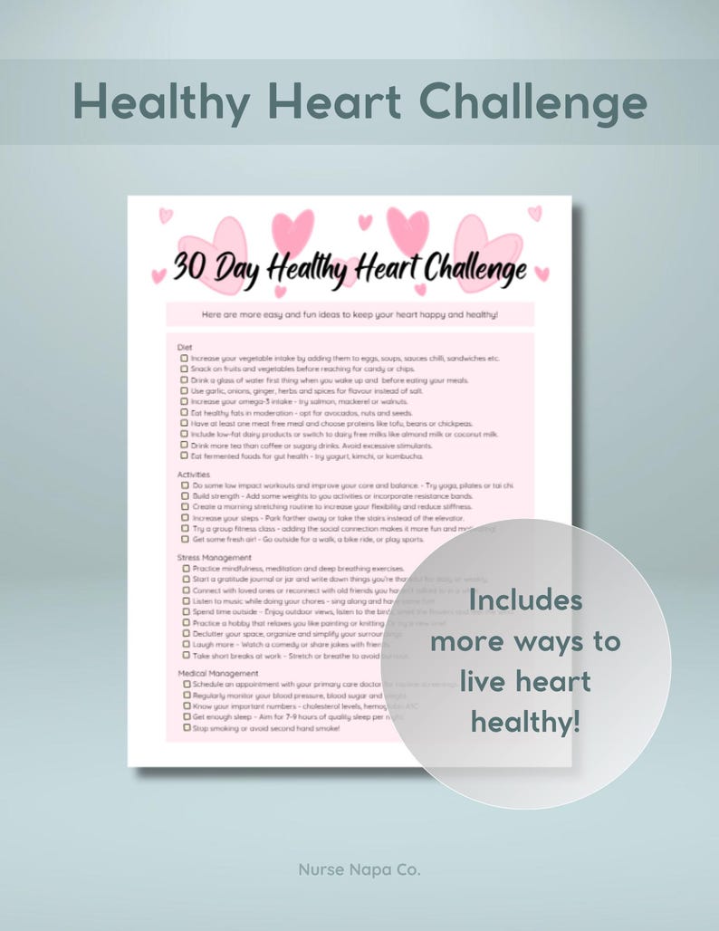 Puede incluir: Una lista de verificaci&oacute;n imprimible de 30 d&iacute;as para un coraz&oacute;n sano en rosa y blanco con un gr&aacute;fico de coraz&oacute;n rosa y el texto "&iexcl;Incluye m&aacute;s formas de vivir un coraz&oacute;n sano!"