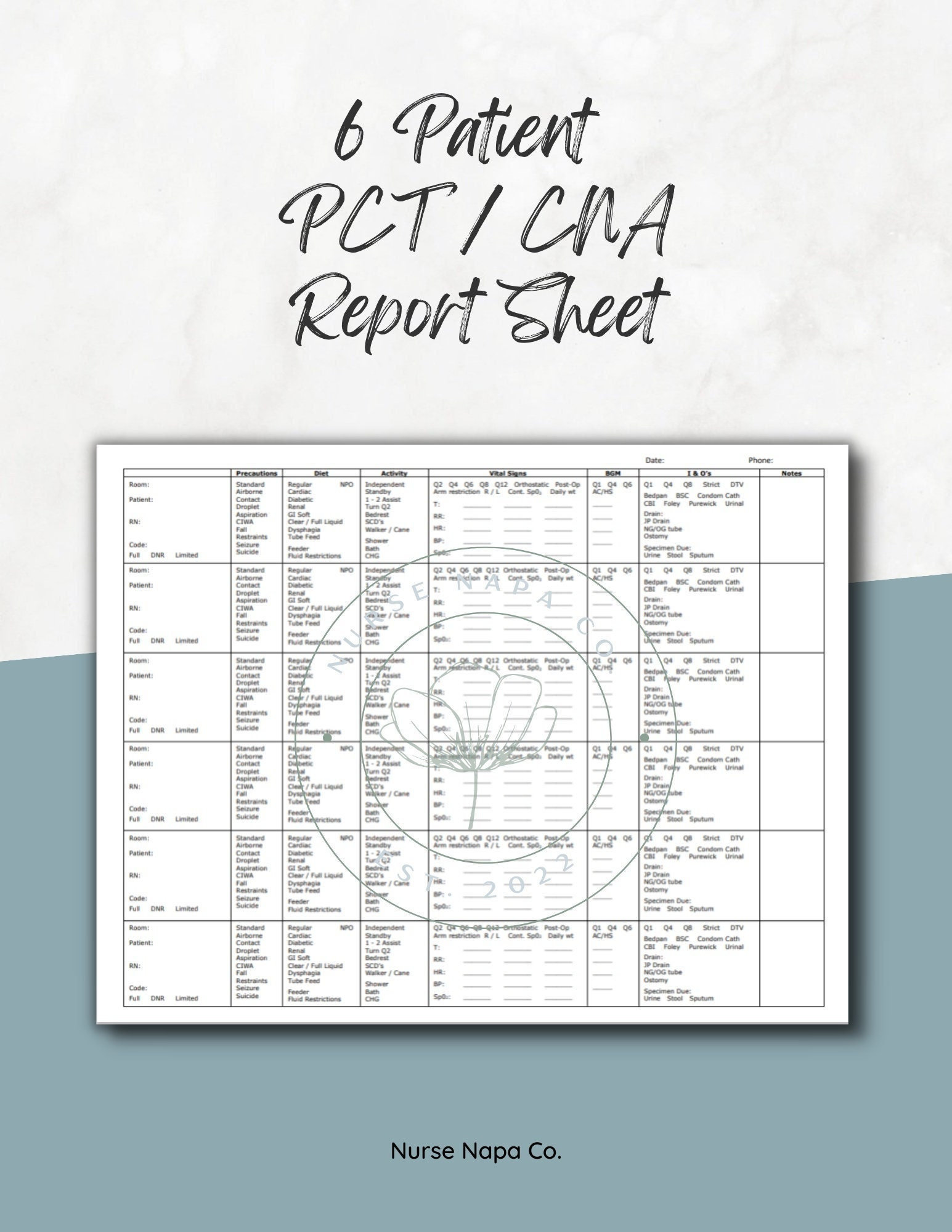 6 Patient PCT Report Sheet Bundle, CNA Report Sheet Bundle, Brain Sheet ...
