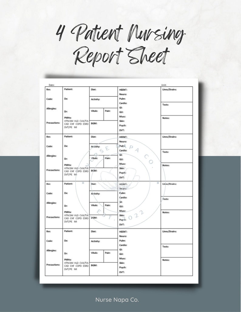 4 Patient Nursing Report Sheet, Multiple Patient Report Sheet, Shift