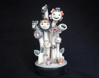 Unique Porcelain Pottery Sculpture, How does your Garden Grow? handmade garden with clay flowers and faces.