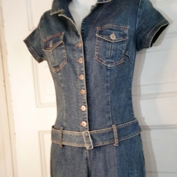 Hot Kiss 90s Y2K Denim Jumpsuit Romper Belted Vintage Retro Grunge Sz 8