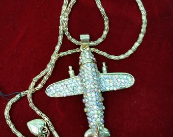 Airplane Diamante Pendant Necklace, Iconic Designer Betsey Johnson Signed Necklace, New Old Stock Designer Necklace, Great for Giving