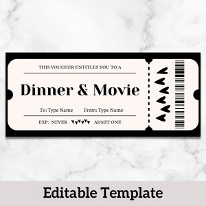 Personalized Dinner and Movie Date Gift Certificate, Editable Printable ...