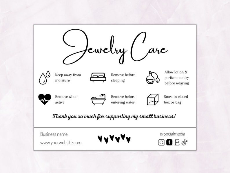 Jewelry Care Card Template Jewelry Care Instructions Card Download