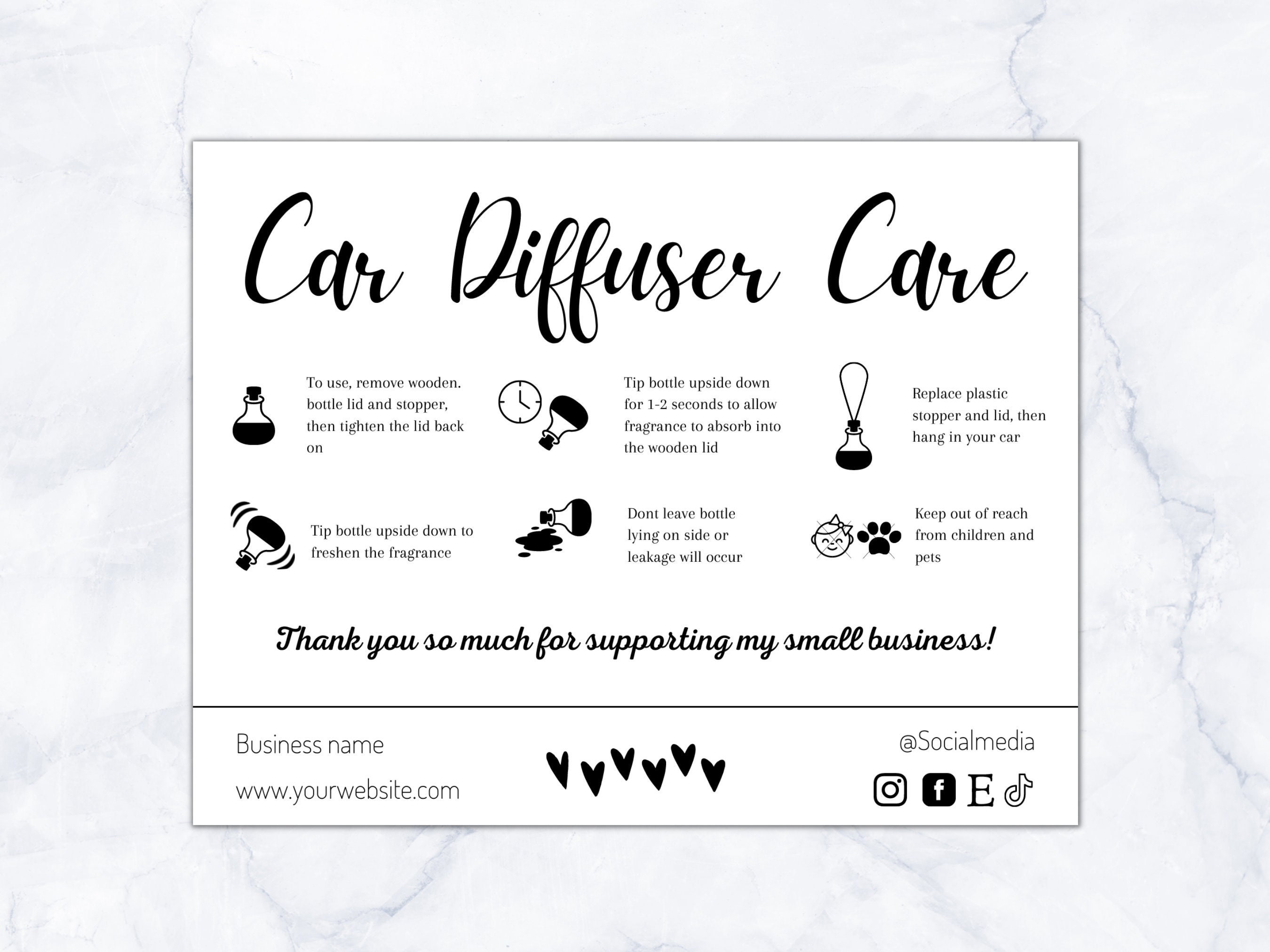 Car Diffuser Care Card, Car Diffuser Instructions, Editable Car Scent