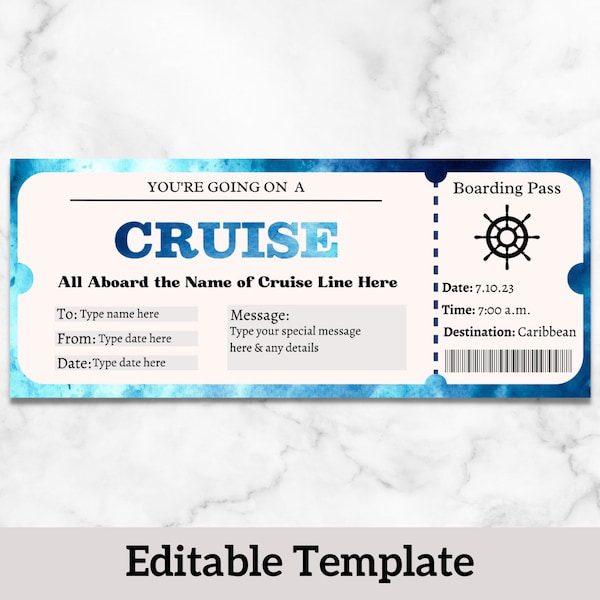 Cruise Boarding Pass, Surprise Cruise Ticket, Cruise Reveal Invitation, Travel Gift Certificate Voucher