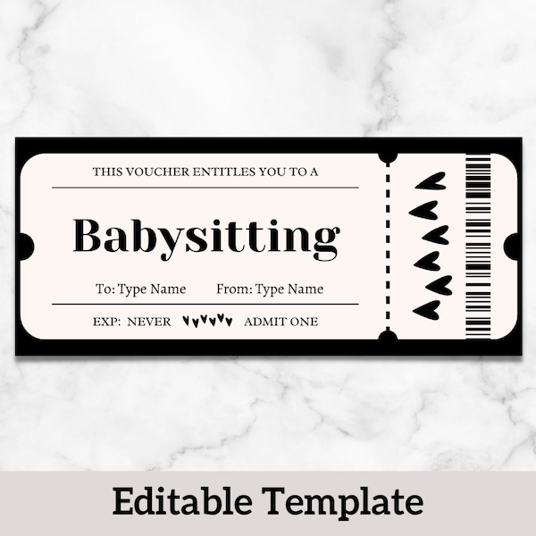 Babysitting Gift Coupon, Babysitter Coupon Editable and Printable Voucher Template, Instant Download