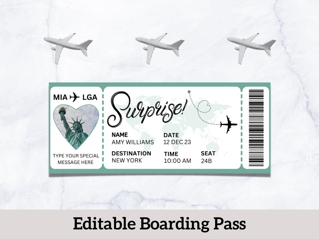 NYC Boarding Pass, New York Plane Ticket, Editable and Printable Trip