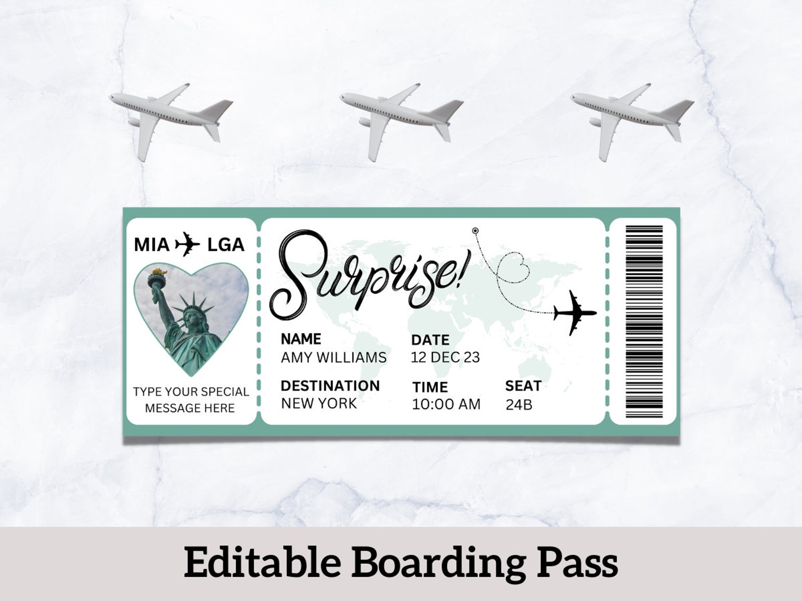 NYC Boarding Pass, New York Plane Ticket, Editable and Printable Trip