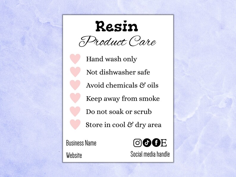 Resin Care Card Instructions Template Editable Epoxy Care Card Resin