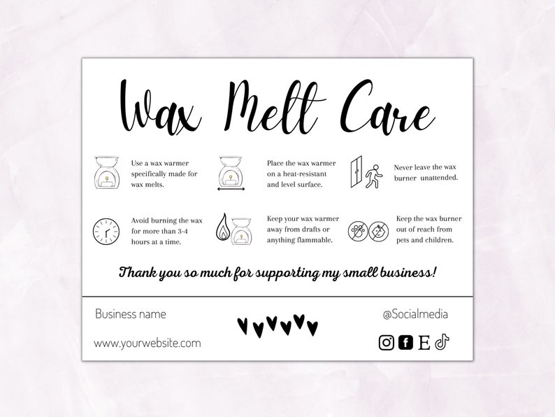 Wax Melt Care Card Template Wax Melt Card Instructions Printable