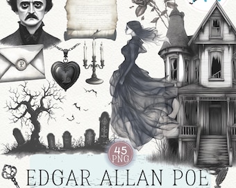 Edgar Allan Poe Gothic Raven Sublimation Clipart Illustrations Graphics