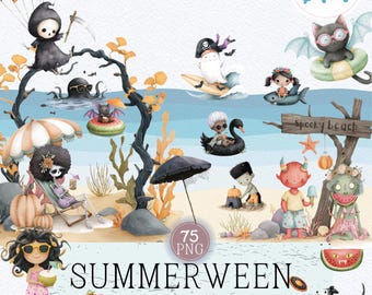 SUMMERWEEN CLIPART - 75 Halloween Beach Graphics | Summer Halloween Watercolor PNG | Spooky Beach Monsters | Commercial Use Digital Download