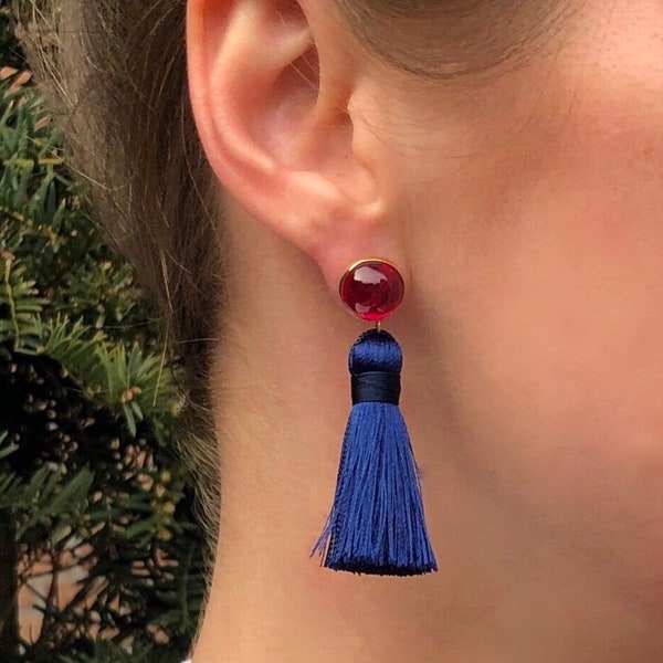 Tassel earrings BLUE with corundum, 925 silver | 1 pair