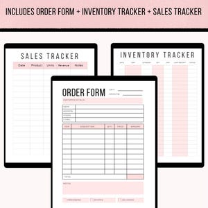 May include: A digital print featuring a small business organization system. The image includes an order form, inventory tracker, and sales tracker. The text at the top reads "SMALL BUSINESS ORGANIZATION" and "INCLUDES ORDER FORM + INVENTORY TRACKER + SALES TRACKER".