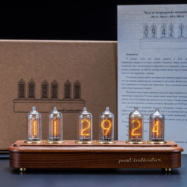 Nixie Tube Clock in thermoash en messing kast Premium klok Wekker Uniek luxe cadeau Houten klok Kantoorklok IN-14