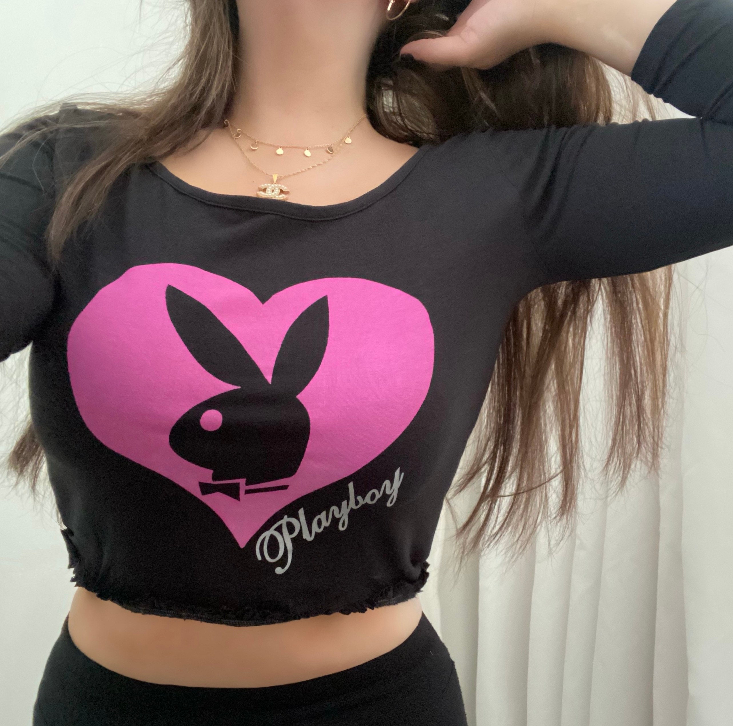 Hus Indtil nu kat Y2K Playboy Long Sleeve Crop Top Black Scoop Neck With Hot - Etsy