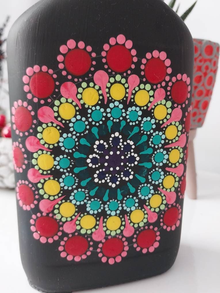 Mandala Painting on Glass Bottle Vase Acrylic Dot Mandala Colorful Etsy