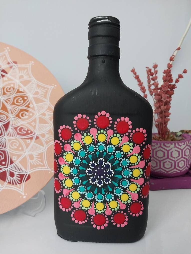 Mandala Painting on Glass Bottle Vase Acrylic Dot Mandala Colorful Etsy