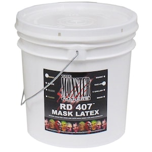 May include: A white plastic bucket with a black label that says "The Monster Makers RD 407 Mask Latex". The label also has a list of sizes: quart, gallon, 5 gallon, and drum.