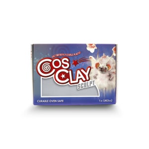 May include: A blue and white box with the text "COS CLAY SCULPT" in red and white. The box contains a 1 lb (453 g) package of oven-safe, flexible plastic clay. The box also features a cartoon image of a white furry creature with large ears and a blue background.