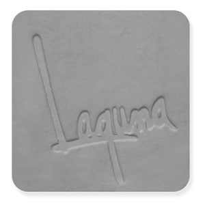 May include: A close-up of a gray, textured, square tile with the word "Laguna" embossed in the center.