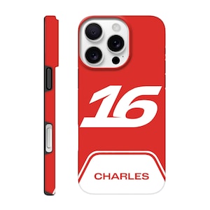 May include: A red phone case featuring the number "16" in white, and the name "CHARLES" at the bottom. The case has a white and red design. The side of the case is black.
