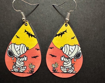 Snoopy Trick or Treat Earrings: Lightweight Aluminum, Double Sided