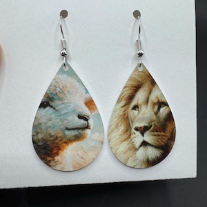Lion and Lamb Easter Earrings: Double-Sided Aluminum Dangle