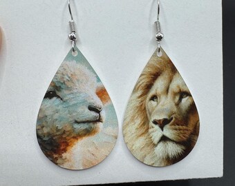 Lion and Lamb Easter Earrings: Double-Sided Aluminum Dangle