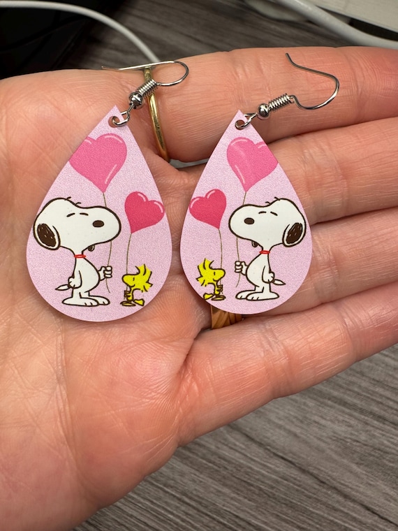 Snoopy Valentine Earrings: Lightweight Aluminum, Double Sided