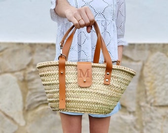 Woven Straw Bag Personalized With Initial, Straw Bag With Leather