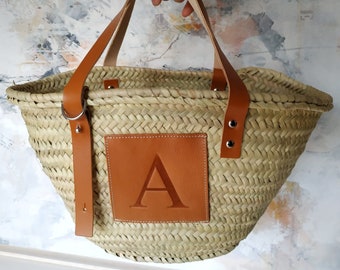 Monogram basket bag, Straw beach bag, French market bag with leather, Personalized french market basket bag with initial, Beach basket