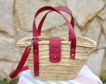 Personalized Straw Bag with Leather Handles: Moroccan Basket Purse