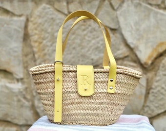 Personalized Straw Beach Bag with Leather Handles: Woven Basket Tote