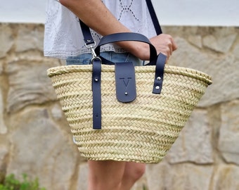 Personalized Straw Basket Bag: Moroccan Woven Purse with Leather Handles