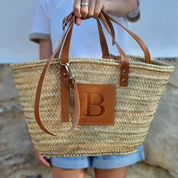 Beach basket, french natural basket, beach bag, handmade basket, personalized basket initial, leather basket, boho basket, market bag