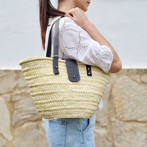 Straw beach bag for women, Monogram basket bag with leather, Custom beach bag with initial, Personalized market bag with leather handles