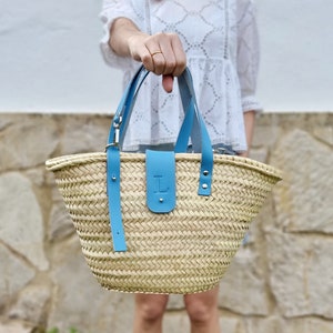 Woven basket bag for women, Beach bag with initial, Custom straw bag with leather, Custom beach bag, Gift for women.