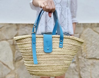Woven Straw Basket Bag: Personalized Leather Initial Beach Tote